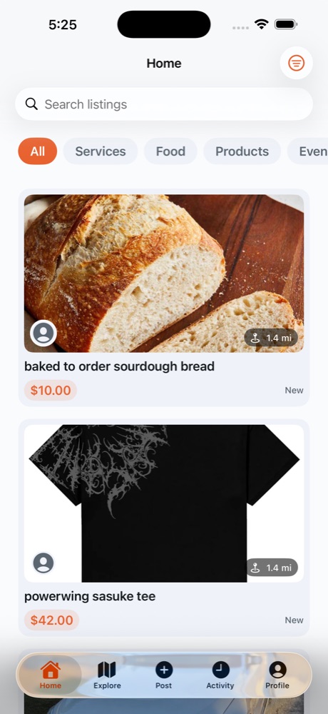 The Neighbr home feed showing nearby listings for sourdough bread and a tee shirt, each 1.4 miles away
