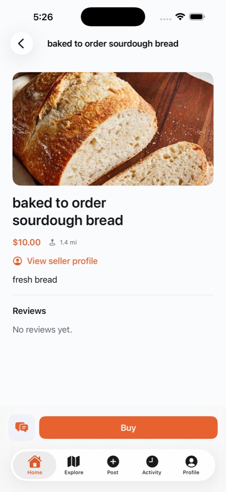 A listing detail screen for baked to order sourdough bread, $10.00, 1.4 miles away, with a Buy button
