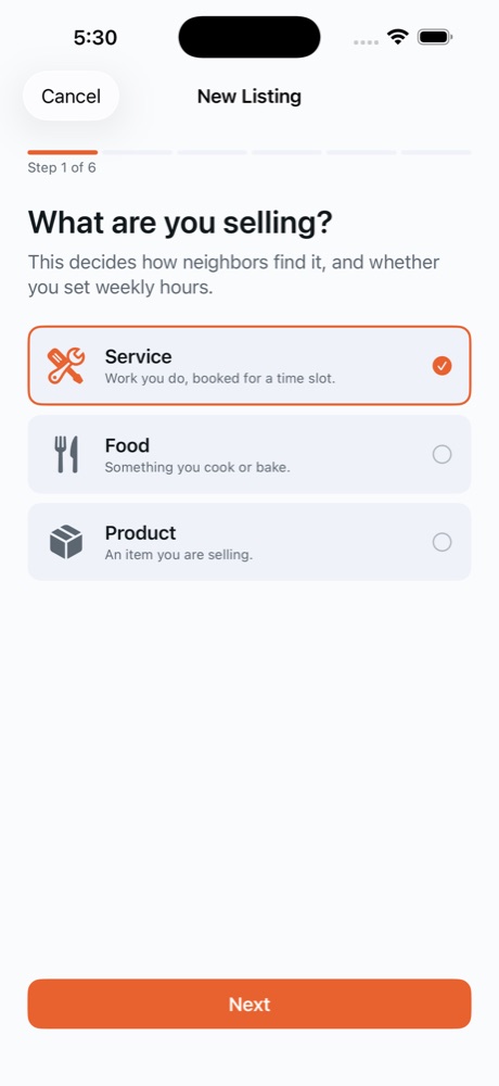 The New Listing screen asking what you are selling, with Service, Food, and Product options